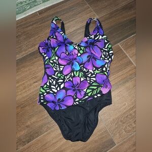 Vintage BOBBY LEN Vibrant Floral Purple Hibiscus Bathing Suit One Piece Sz 14